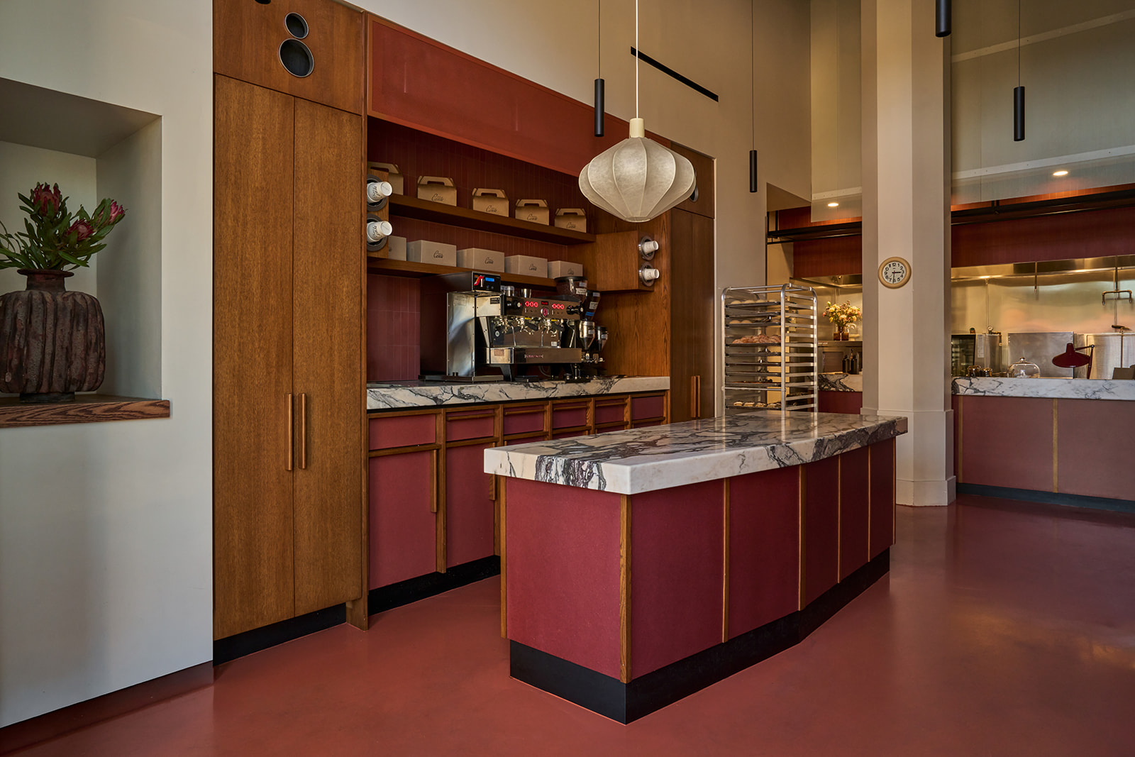 Marble and oxblood coffee counter