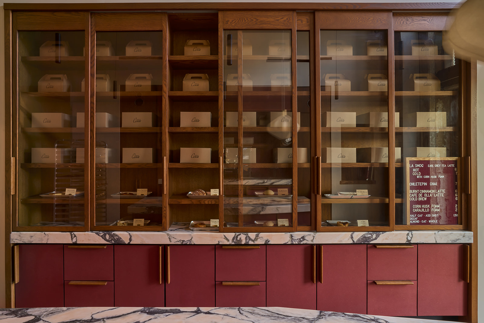 Oak and glass pastry cases