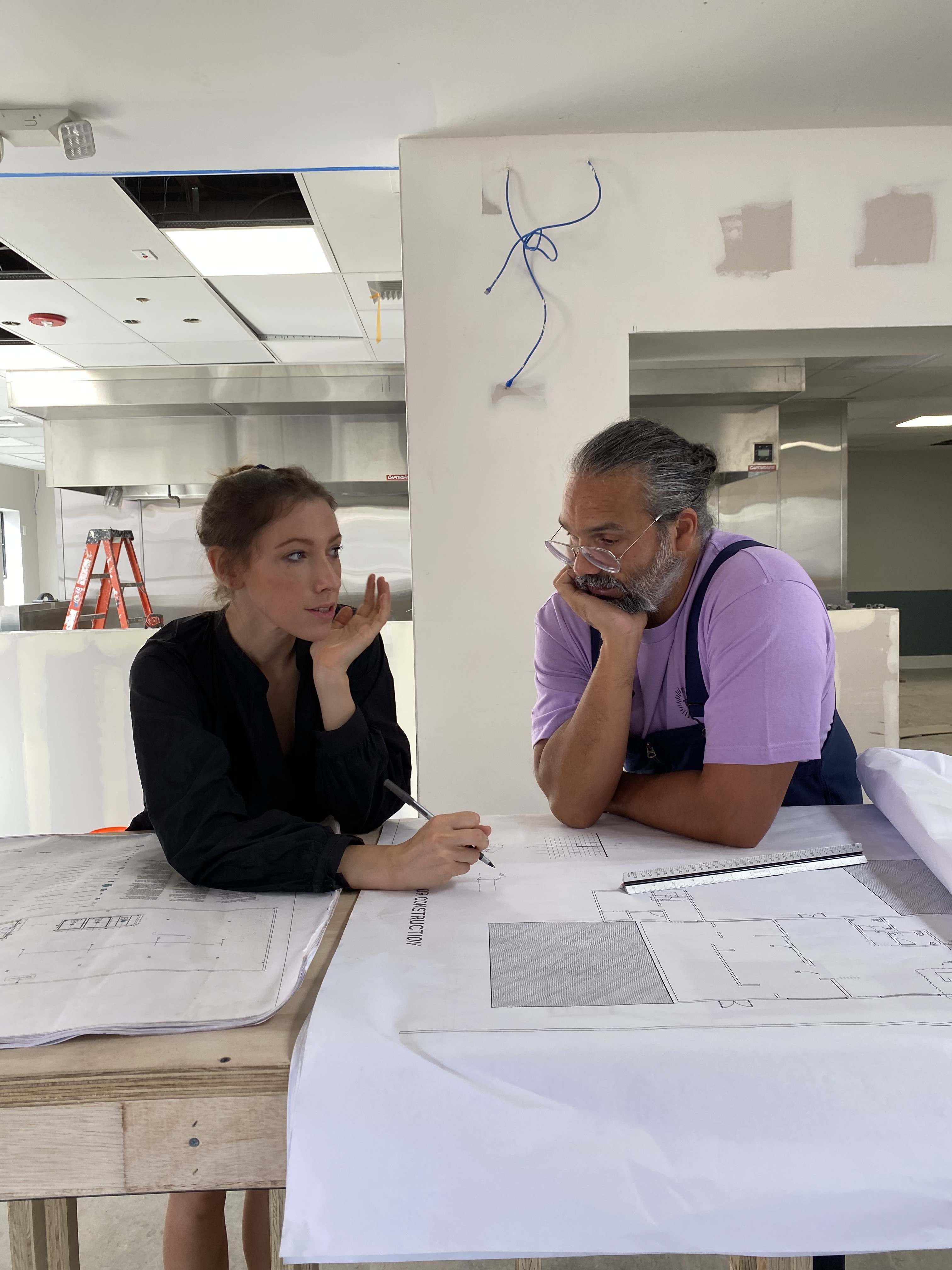 Founders reviewing construction drawings on site